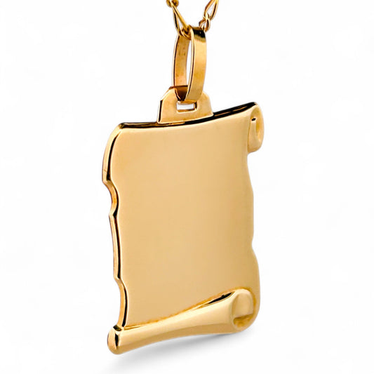 Comprar colgante pergamino liso realizado en oro amarillo de 18kt. Con opción de grabación. Joyas de segunda mano de oro de 18kt en Barcelona. Joyería Ian'Or.