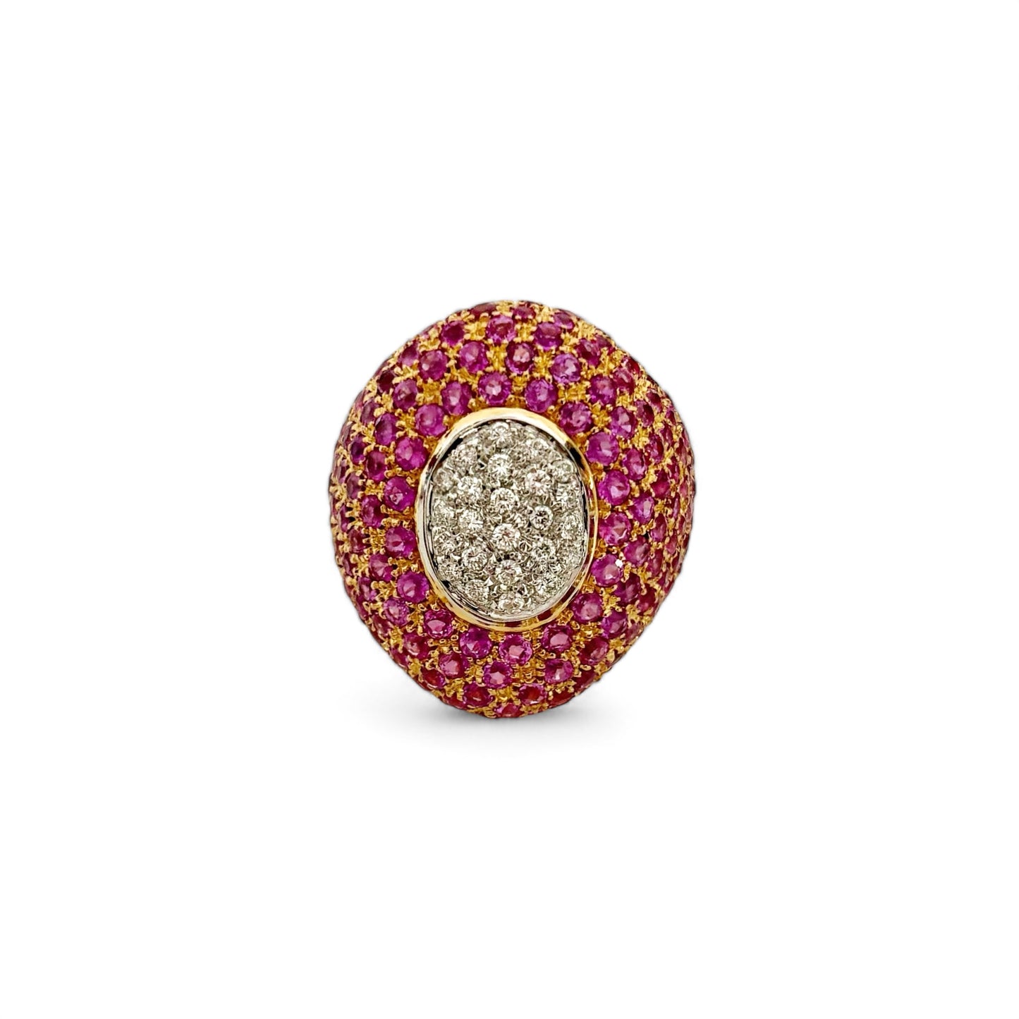 Preciosa sortija bombé de oro rosa acompanyada de diamantes y zafiros rosas. Talla 15.Joyería compro oro, venta de joyas de segunda mano y nuevas, Ian'or donde comprar y vender