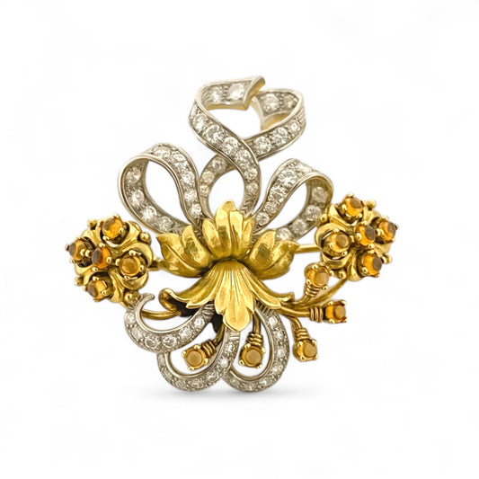 12922GM - Broche antiguo de oro de 18kt diamantes y ámbar