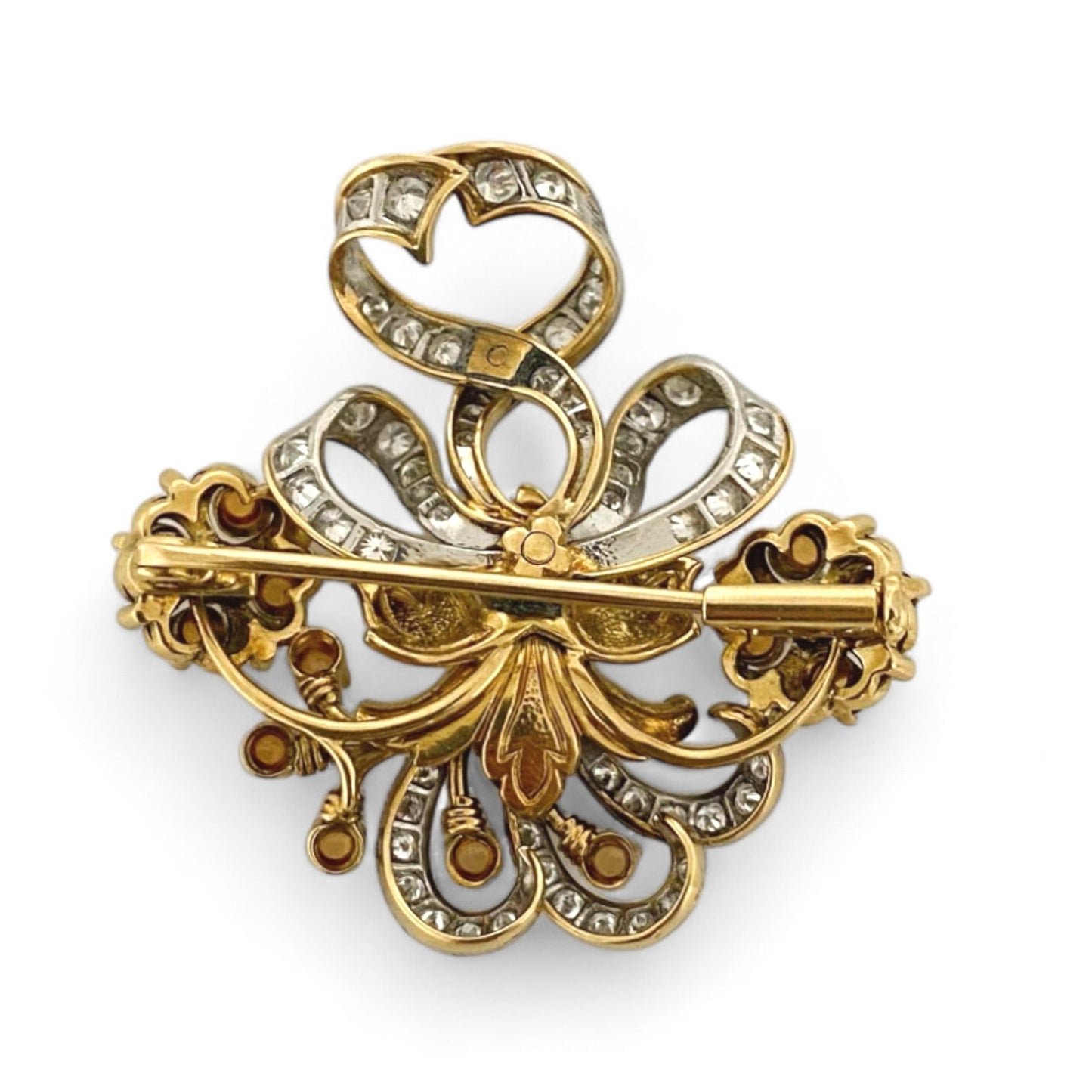 12922GM - Broche antiguo de oro de 18kt diamantes y ámbar