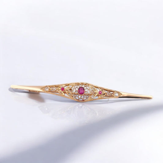 13841GM - Broche vintage oro amarillo de 18kt rubíes y diamantes