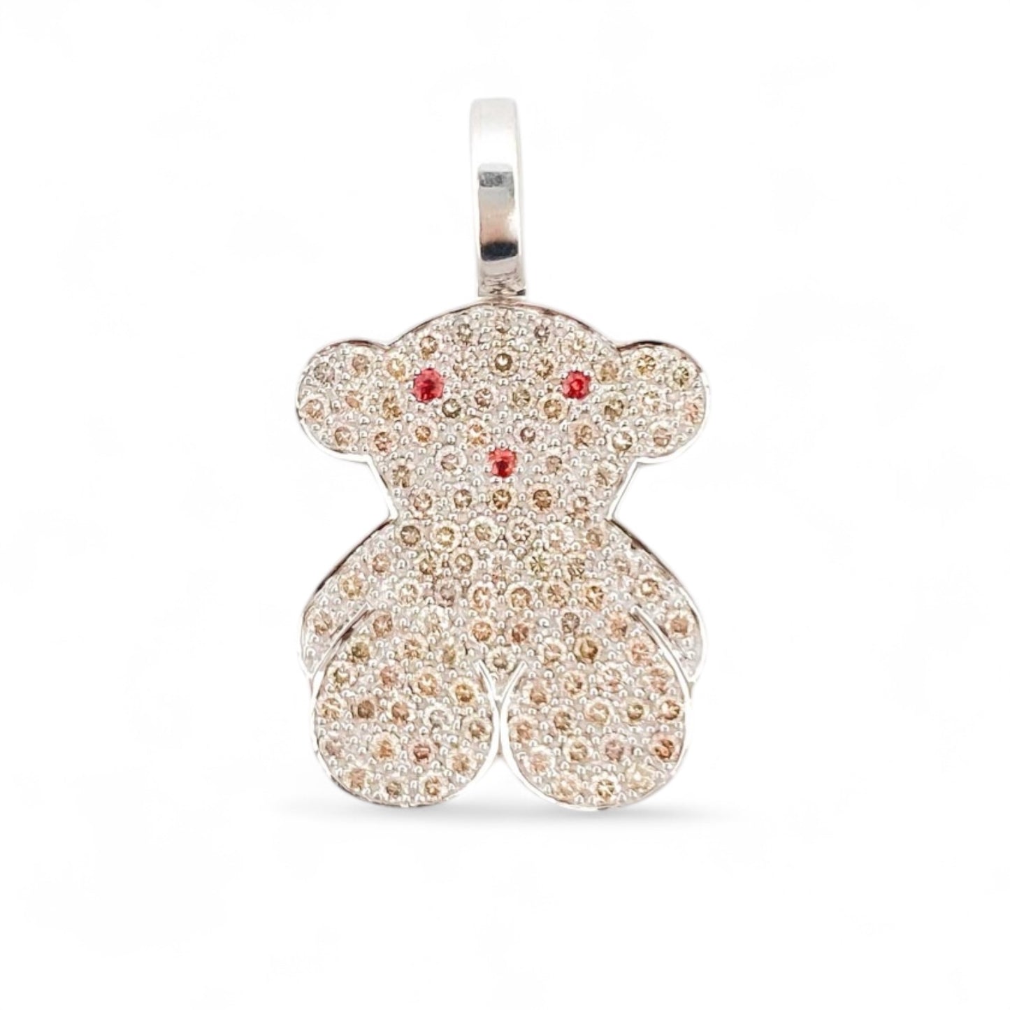 Icónico colgante de Oro blanco de 18kt representativo de Tous con pavé de diamantes amarillos y ojitos y boca de rubíes.Joyería compro oro, dónde comprar y vender joyas en Barcelona al mejor precio. Venta de joyas. Joyas de segunda mano Tous.
