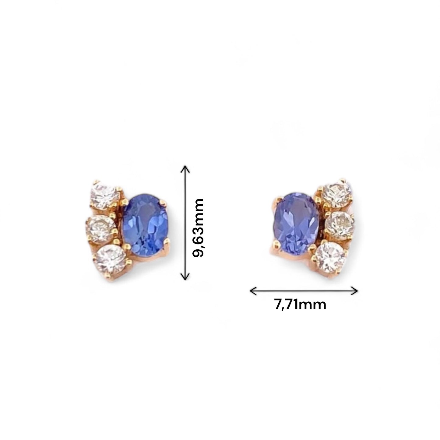 Pendientes de Oro amarillo de 18kt con engaste de tanzanita talla oval y diamantes talla brillante. Cierre a presión. Joyería Barcelona, segunda mano, restauración y creación de joyas, compro oro Barcelona.