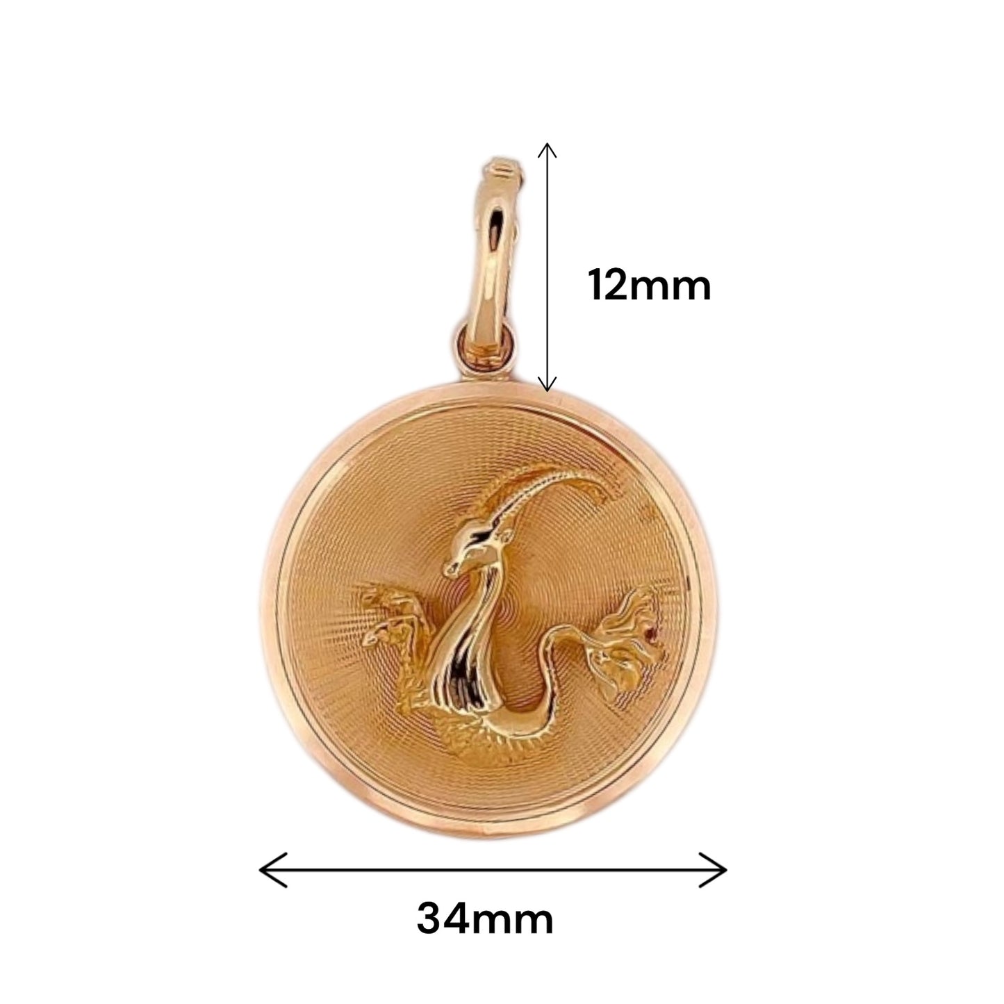 Colgante medalla con el signo del Zodiaco de Capricornio realizada de oro amarillo de 18kt . La medalla hace 134mm de diámetro y la balía dispone de cierre de seguridad y mide de 12mm