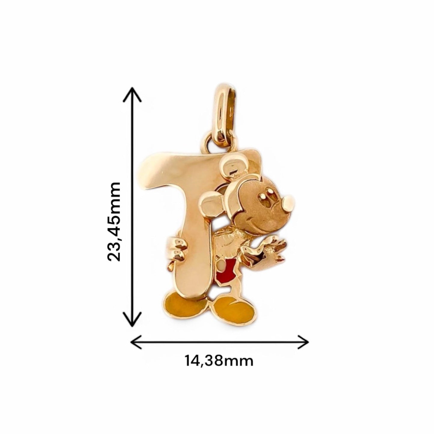 Colgante Mickey mouse con la inicial T realizado en oro amarillo de 18kt. Joyas disney en forma de corazón. Joyas restauradas. Envío gratis.