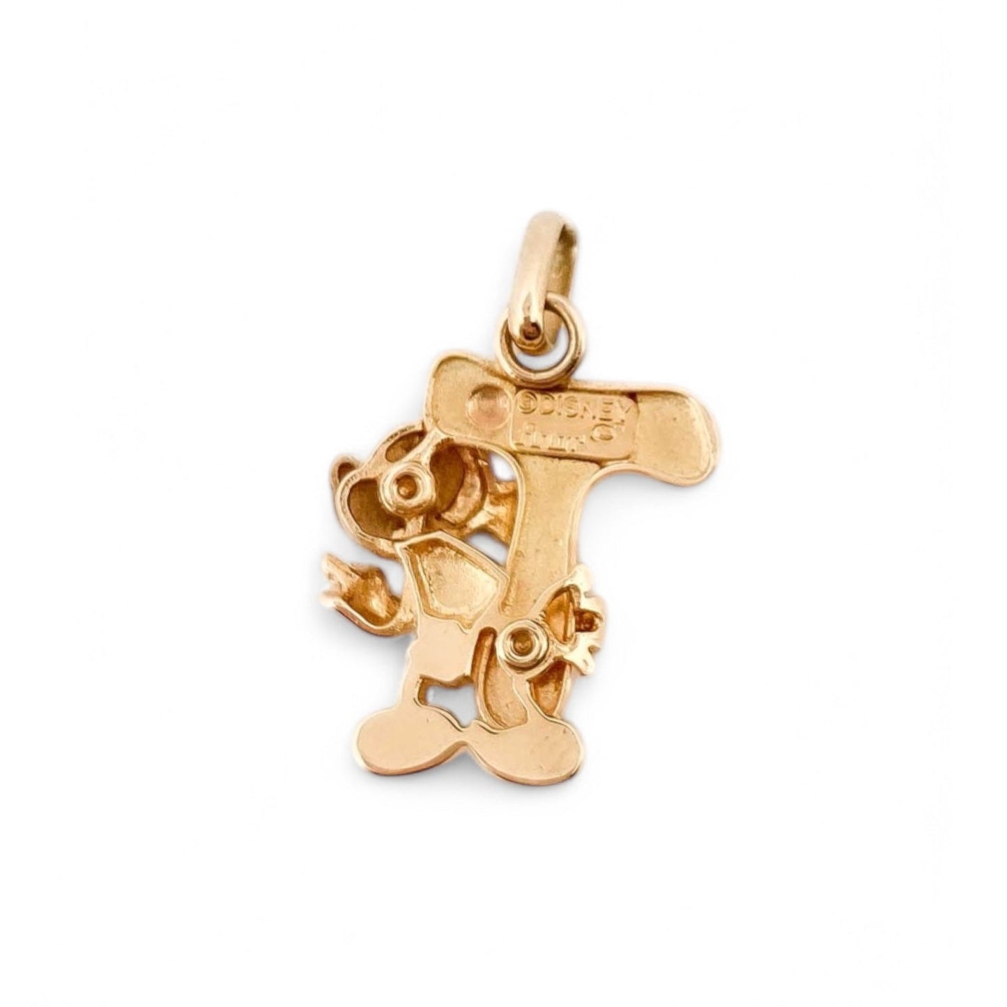 Colgante Mickey mouse con la inicial T realizado en oro amarillo de 18kt. Joyas disney en forma de corazón. Joyas restauradas. Envío gratis.