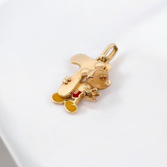 Colgante Mickey mouse con la inicial T realizado en oro amarillo de 18kt. Joyas disney en forma de corazón. Joyas restauradas. Envío gratis.