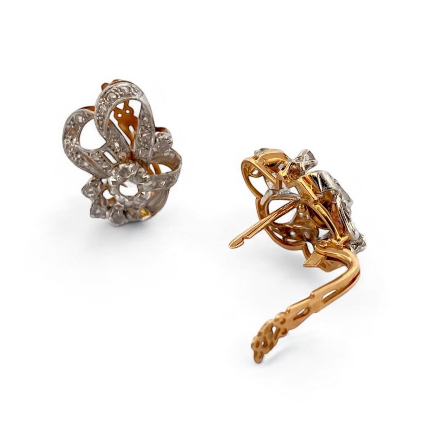 Comprar pendientes vintage de oro amarillo de 18kt con diamantes talla antigua engastados en platino. Joyas vintage de oro y platino de segunda mano. Ian'Or.