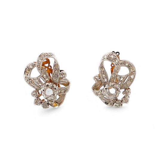 Comprar pendientes vintage de oro amarillo de 18kt con diamantes talla antigua engastados en platino. Joyas vintage de oro y platino de segunda mano. Ian'Or.