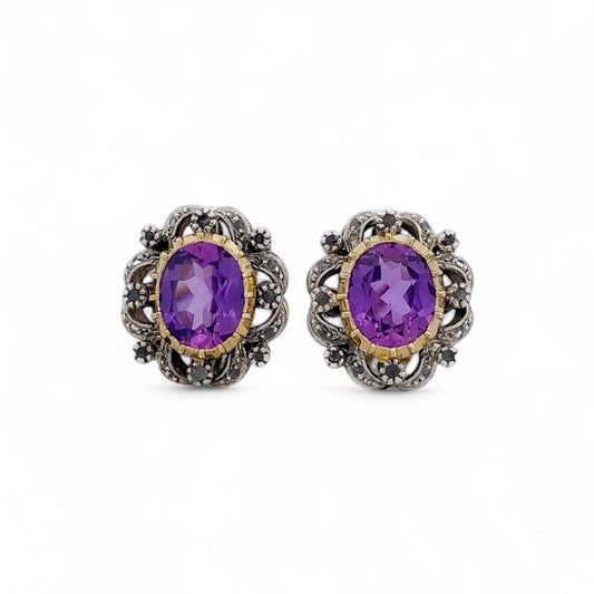 Pendientes vintage de oro amarillo de 18kt con rosetón de amatista talla oval engastada en oro amarillo y orla piedras engastadas en plata de Ley. Joyas antiguas mejor precio