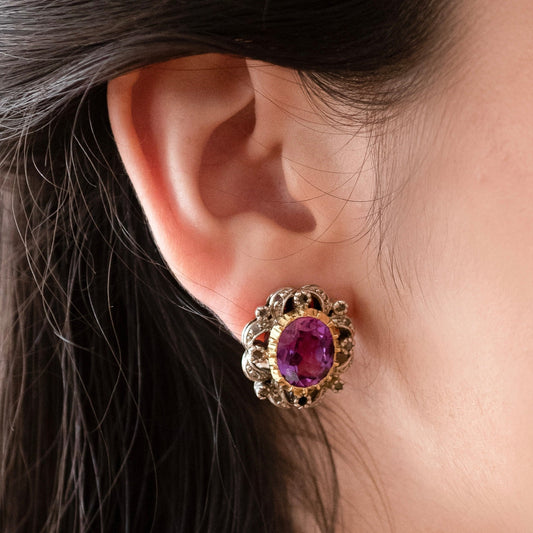 Pendientes vintage de oro amarillo de 18kt con rosetón de amatista talla oval engastada en oro amarillo y orla piedras engastadas en plata de Ley. Joyas antiguas mejor precio