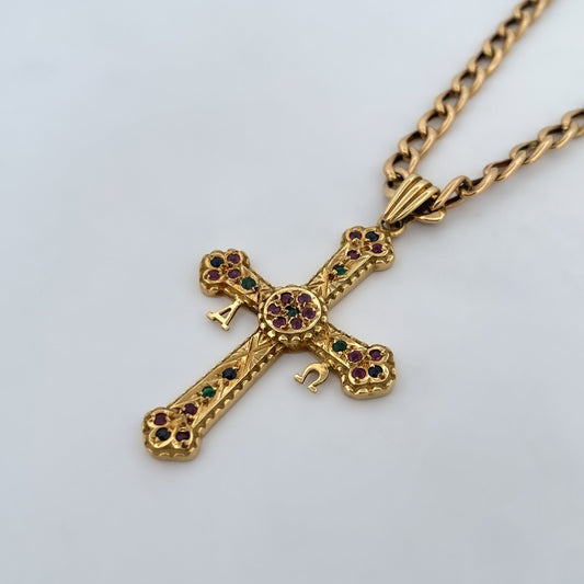 Comprar colgante cruz de la Victoria Asturiana en oro amarillo de 18kt con 28 piedras de colores. Joyería Ian'Or. Joyas acondicionadas para una nueva vida. Envío gratis.