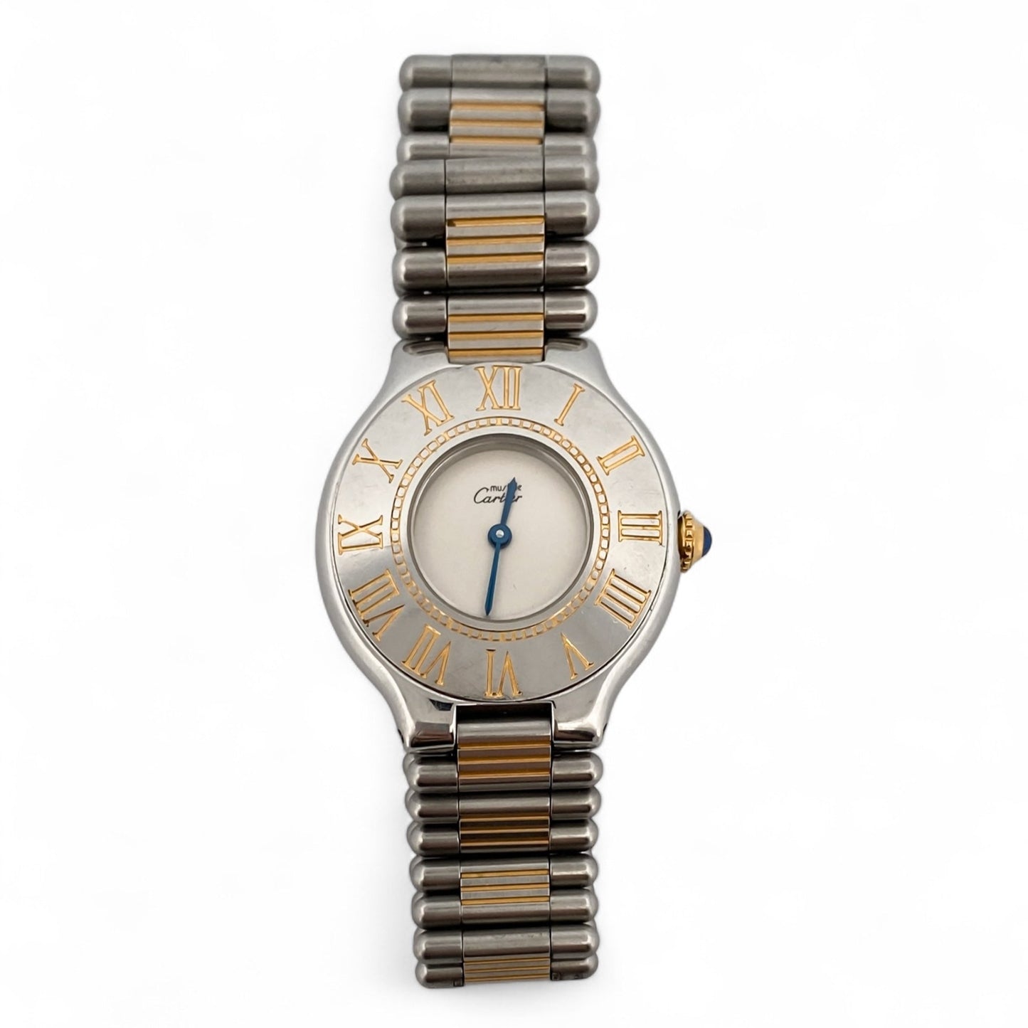 Reloj original Cartier modelo Must 21 realizado en acero y chapado en oro 18kt movimiento cuarzo.
Relojes Cartier de segunda mano baratos en Barcelona.