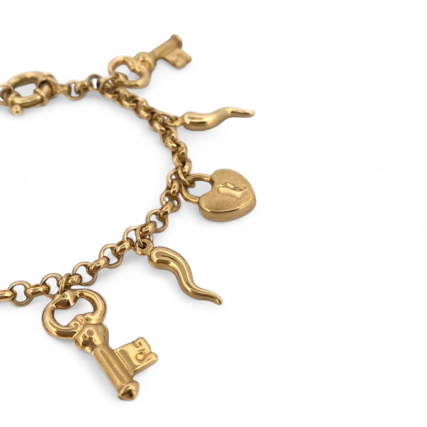 Comprar pulsera realizada en oro amarillo de 18kt con colgantes en forma de llaves y candados. Cierre tipo marinero. Joyas segunda mano. Joyería Ian'Or.