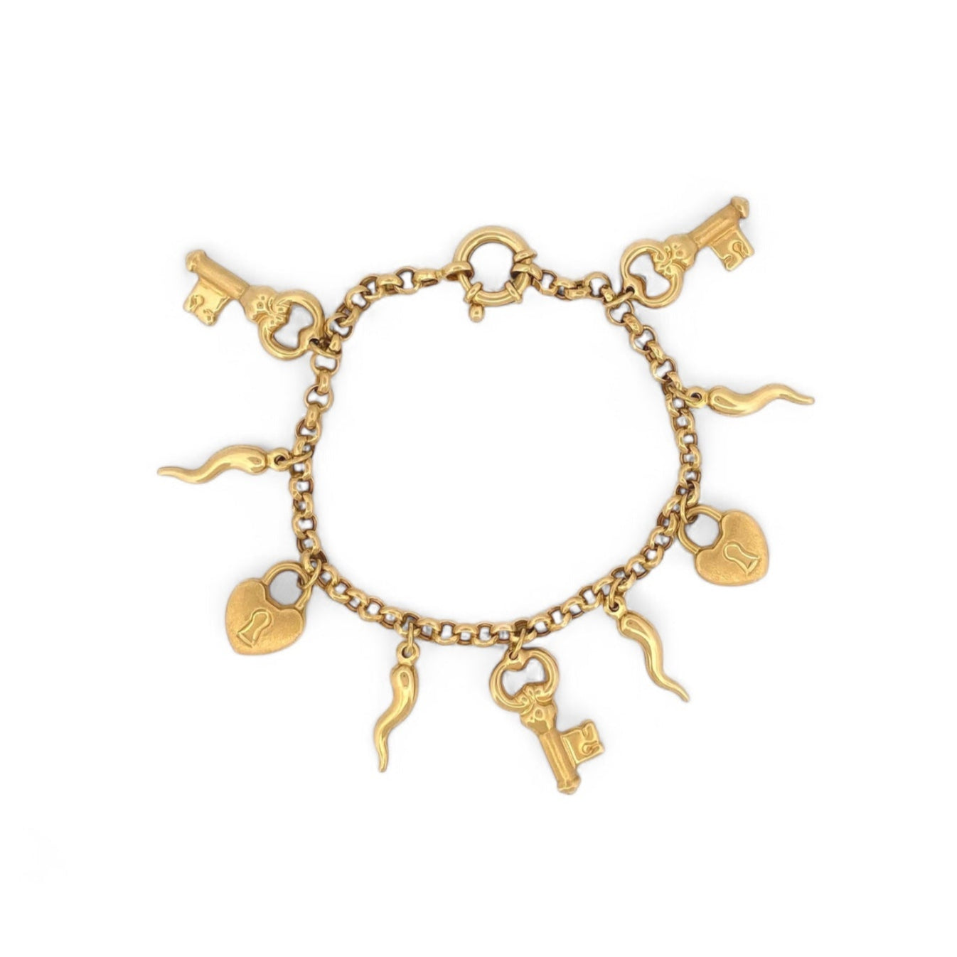 Comprar pulsera realizada en oro amarillo de 18kt con colgantes en forma de llaves y candados. Cierre tipo marinero. Joyas segunda mano. Joyería Ian'Or.