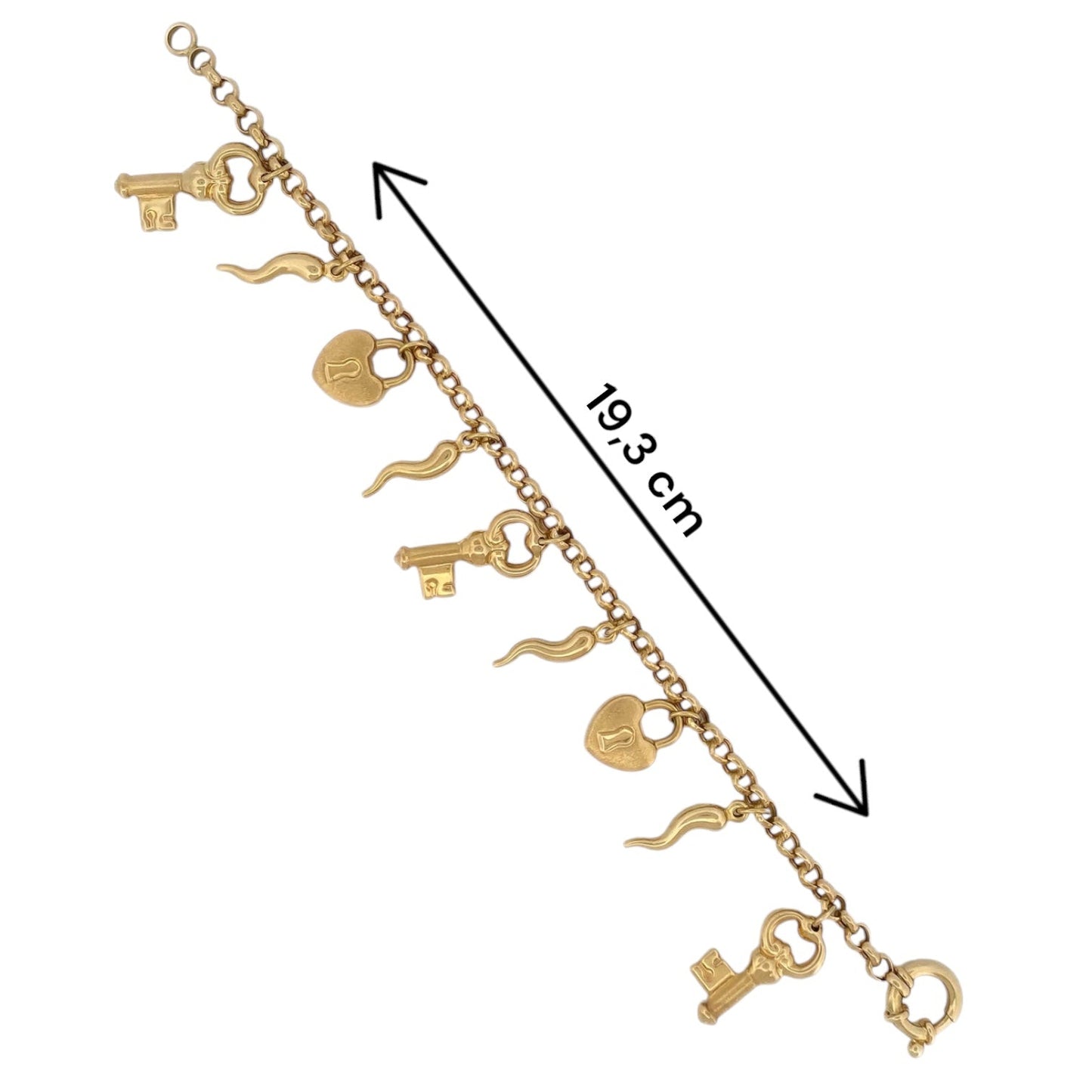 Comprar pulsera realizada en oro amarillo de 18kt con colgantes en forma de llaves y candados. Cierre tipo marinero. Joyas segunda mano. Joyería Ian'Or.