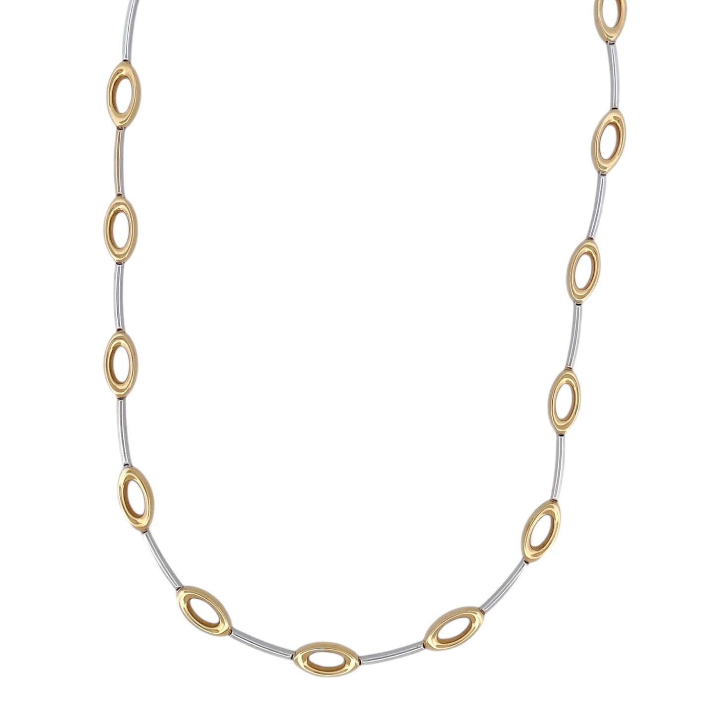 Comprar collar semirrígido realizado en oro blanco y amarillo de 18kt. Cierre de cajón y un brazo de seguridad. Joyería Compro Oro Barcelona. Ian'Or.