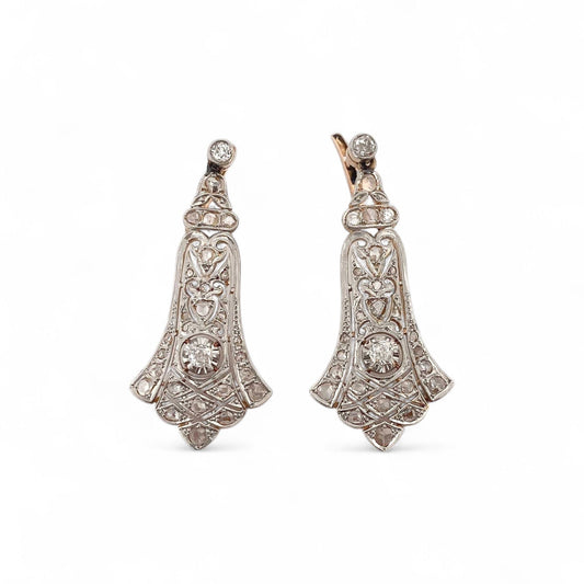 Comprar pendientes largos vintage de oro amarillo de 18kt con diamantes talla antigua engastados en platino. Cierre catalán. Joyería Ian'Or. Envío GRATIS.