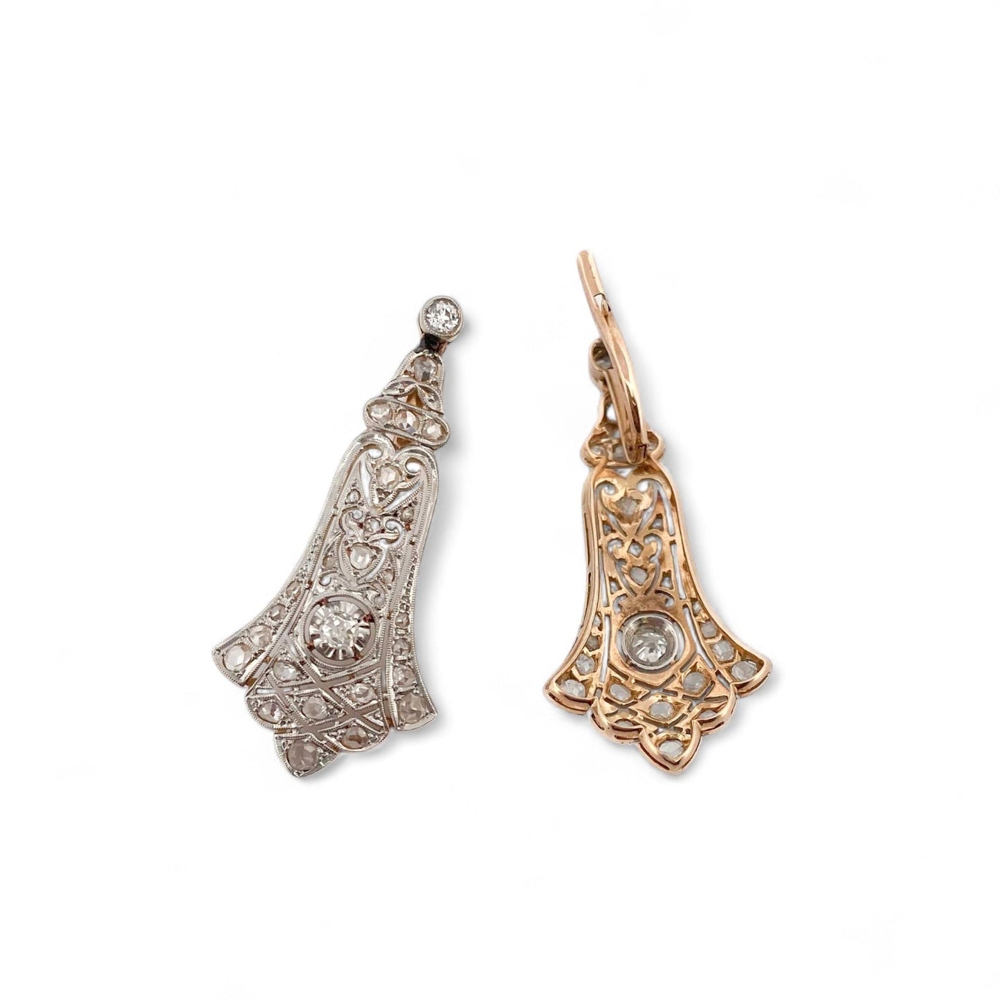 Comprar pendientes largos vintage de oro amarillo de 18kt con diamantes talla antigua engastados en platino. Cierre catalán. Joyería Ian'Or. Envío GRATIS.