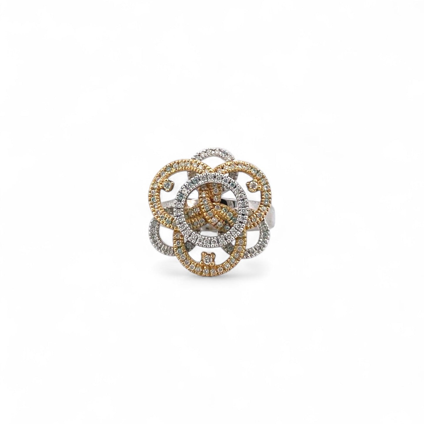 Comprar sortija en forma de flor realizada en oro blanco y amarillo de 18kt con diamantes. Joyería compro oro Ian'Or. Joyas acondicionadas. Envío GRATIS.
