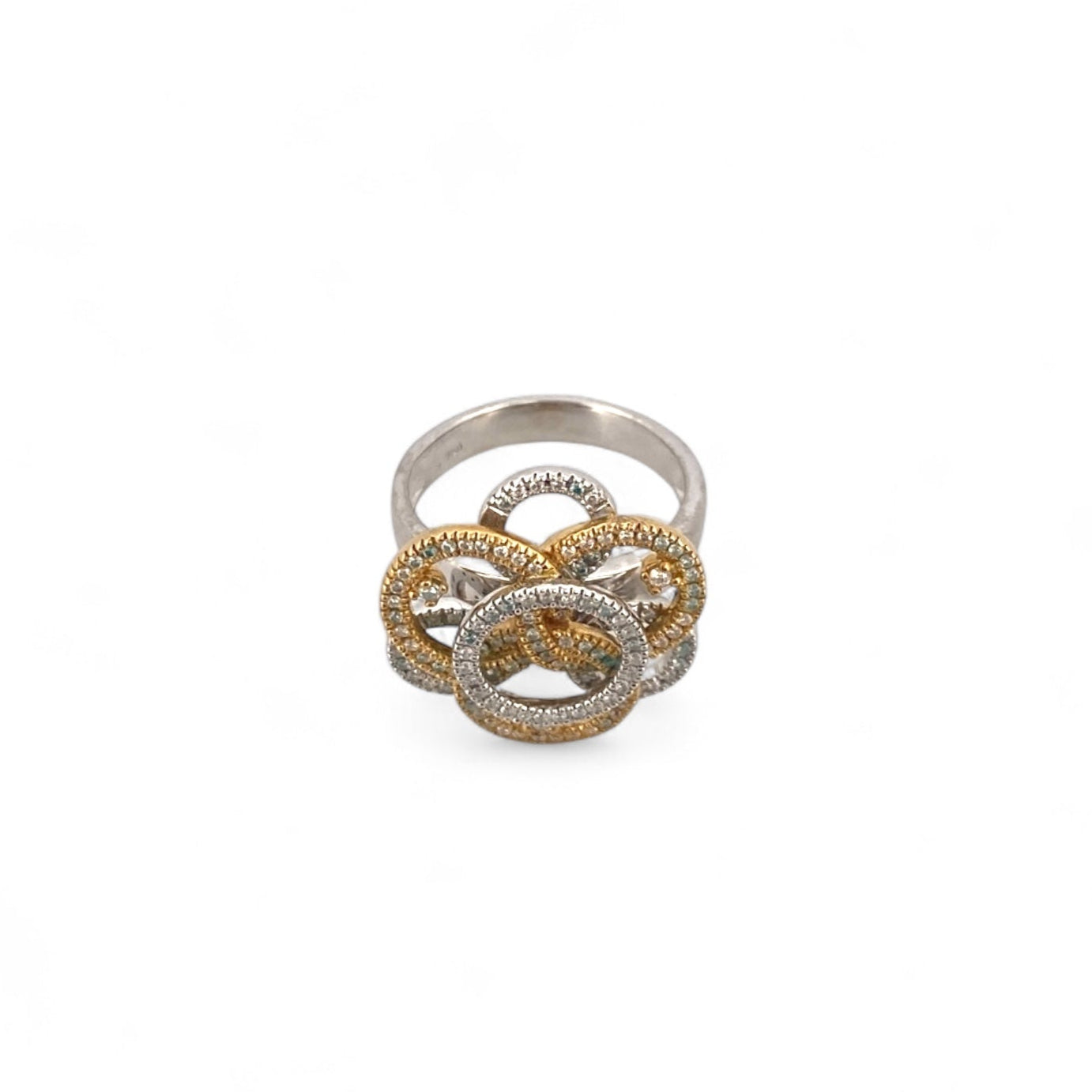 Comprar sortija en forma de flor realizada en oro blanco y amarillo de 18kt con diamantes. Joyería compro oro Ian'Or. Joyas acondicionadas. Envío GRATIS.