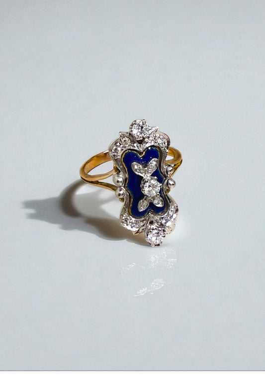 15278GM - Sortija vintage esmalte azul oro 18kt y brillantes