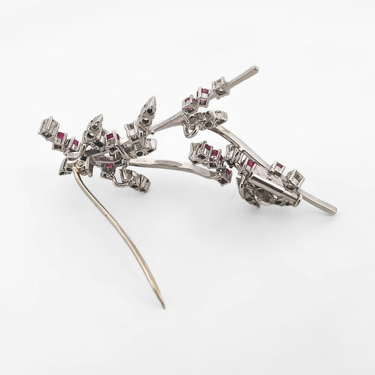 Broche vintage oro blanco 18kt brillantes y rubíes - 15877GM