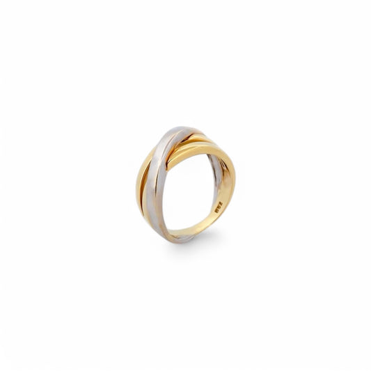 Comprar anillo liso cruzado realizado en oro amarillo y oro blanco de 18kt. Joyas de segunda mano. Joyas restauradas. Joyería Ian'Or. Envío gratis.