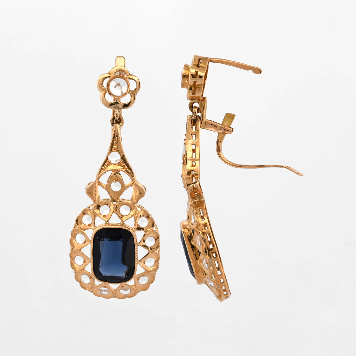 Comprar pendientes antiguos circa 1870 de oro amarillo de 18kt con dos zafiros bleu foncé y diamantes talla rosa. vintage antiguo isabelino. Envío gratuito