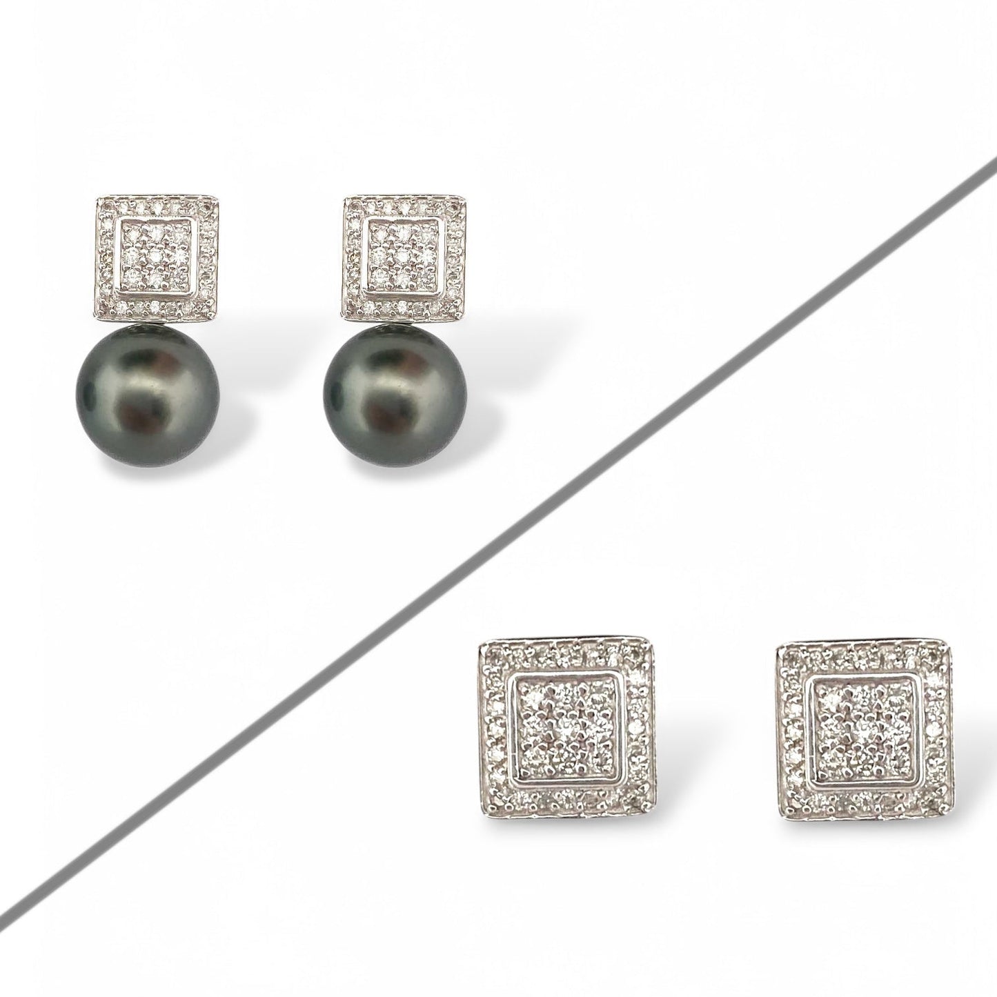 Comprar pendientes tu y yo de oro blanco de 18kt con pavé cuadrado de diamantes talla brillante y perla negra. Estos pendientes tienen la particularidad de poder usarse de dos formas distintas, con perla o sin perla. Cierre a presión. Comprar pendientes segunda mano en barcelona. Comprar oro en Barcelona. Restauración de joyas en Barcelona.