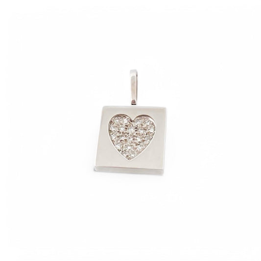 Comprar colgante cuadrado realizado en oro blanco de 18kt con pavé de diamantes talla brillante en forma de corazón. Joyas de segunda mano baratas. Ian'Or.