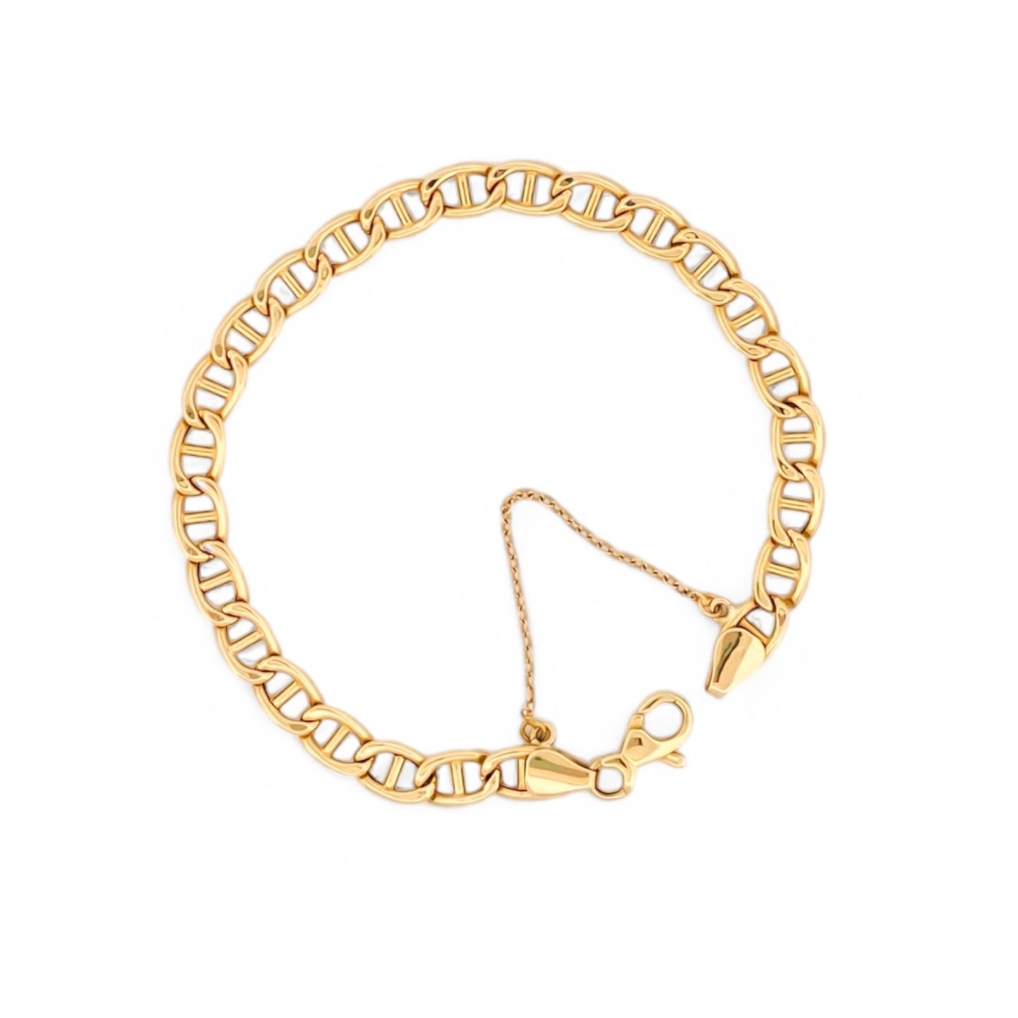 Comprar pulsera oro amarillo de 18kt con cadena eslabones banana barra. La pulsera mide 19cm. Cierre tipo mosquetón. Joyas a buen precio en Barcelona. Ian'Or.