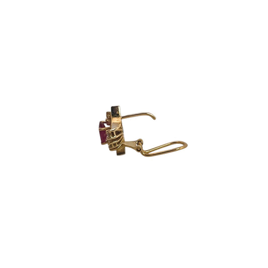 Comprar pendientes de oro amarillo de 18kt con 6 diamantes y 1 rubí talla brillante en cada pendiente. Cierre Omega. Joyas de segunda mano. Joyas restauradas. Envío gratis.