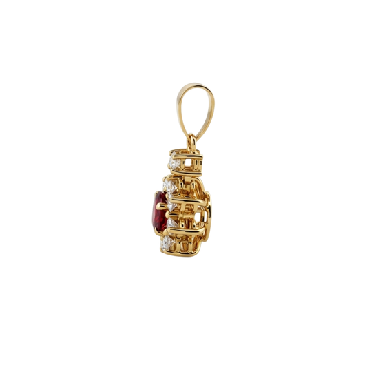 Comprar colgante antiguo realizado en oro amarillo de 18kt con rosetón de rubí talla oval y orla de brillantes, joyas vintage con rubíes de oro 18kt