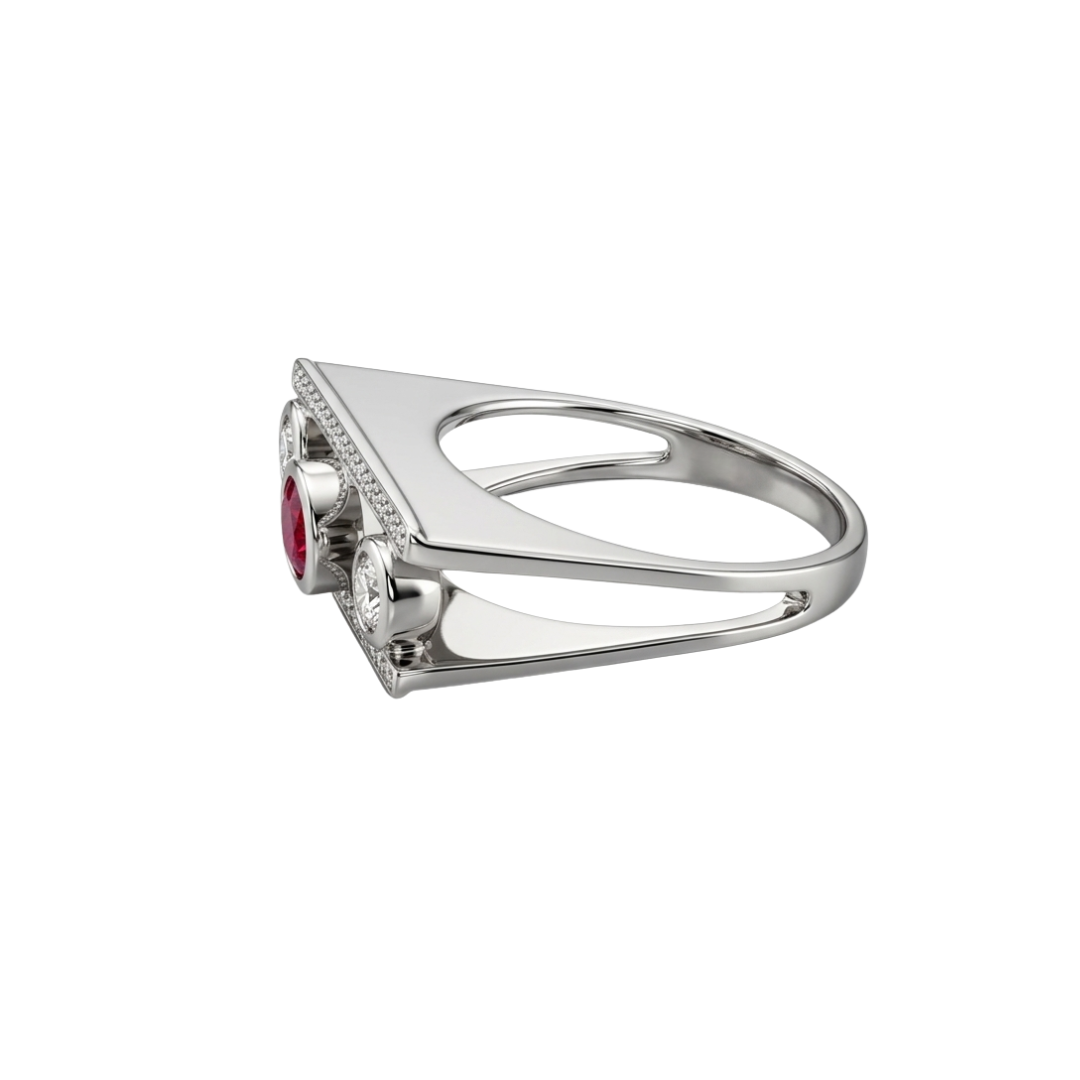 Comprar anillo tipo sello realizado en oro blanco de 18kt con diamantes talla brillante y rubí central. Joyas únicas de segunda mano. Joyería Ian'Or.