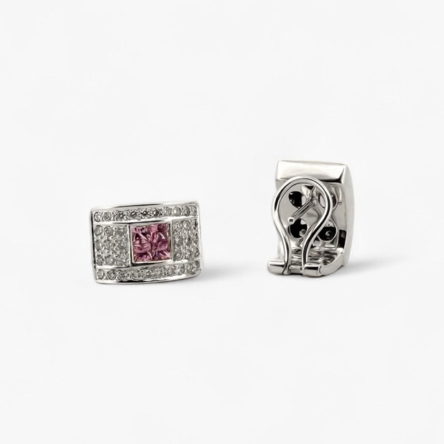 Comprar pendientes de oro blanco de 18kt con pavé de diamantes y 4 amatistas talla princesa centrales en cada pendiente. Joyas segunda mano. Joyas restauradas.