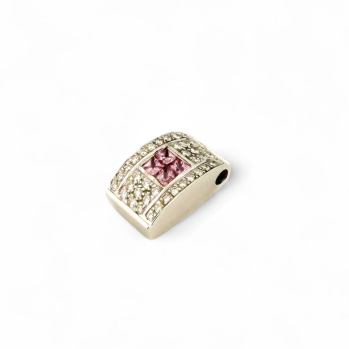 Comprar colgante en forma de rectángulo realizado en oro blanco de 18kt con pavé de diamantes y 4 amatistas talla princesa centrales. Joyería Ian'Or Barcelona.