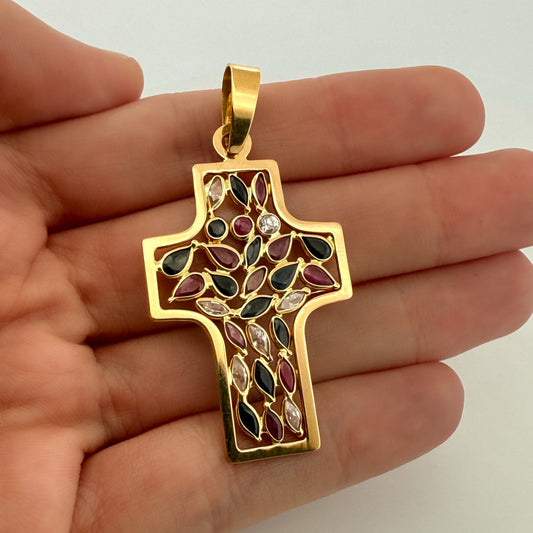 Comprar colgante en forma de cruz de oro amarillo de 18kt con 28 piedras. Joyería Ian'Or. Envío GRATIS. Joyas acondicionadas. Segunda vida joyas. Ian'Or.