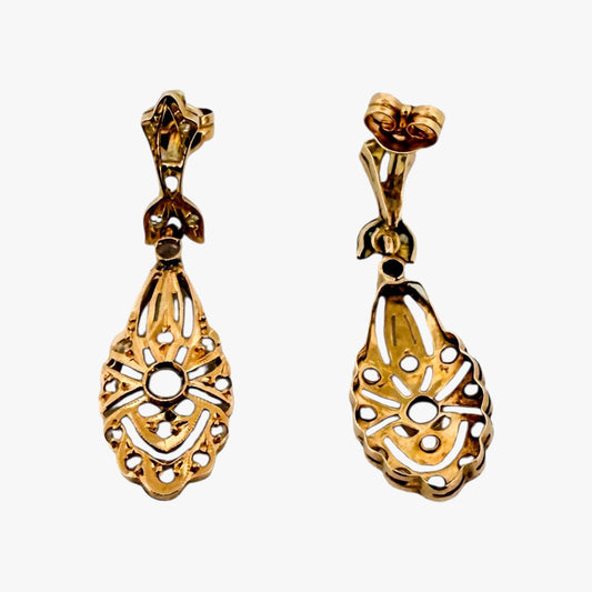 Comprar pendientes largos antiguos tipo art decó en oro amarillo de 18kt con 17 diamantes talla antigua en cada pendiente. Cierre tipo mosquetón. Joyas vintage. Envío GRATIS.