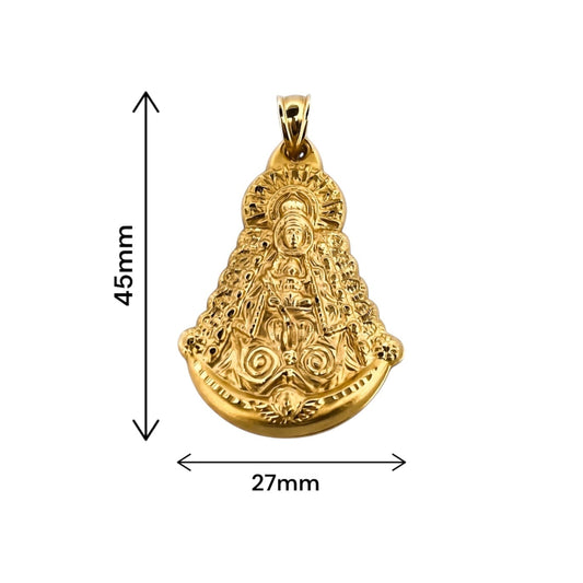 Comprar colgante con silueta de la Virgen del Rocío en oro amarillo de 18kt. El colgante mide 45mm de alto y 27mm de ancho. Joyas acondicionadas. Joyería Ian'Or