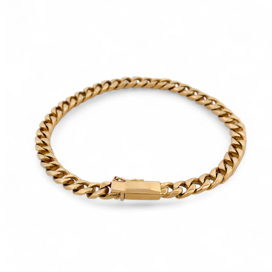Comprar pulsera de oro de 18kt con cadena tipo cubana. La cadena mide 22cm de largo y 5,78mm de grosor. Joyas de segunda mano. Joyería Ian'Or.