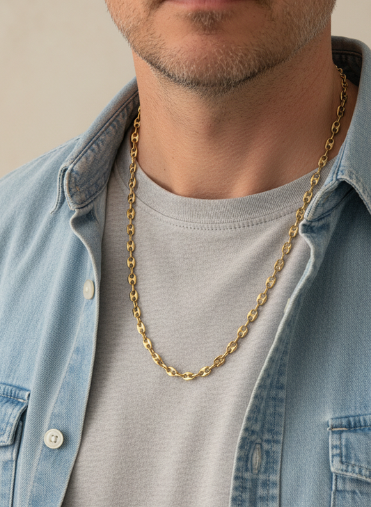 Comprar collar de oro amarillo de 18kt de cadena de calabrote o grano de café. La cadena mide 68cm de largo y tiene un grosor de 5,70mm. Cadenas calabrote oro 18kt baratas