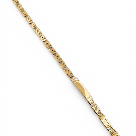 Comprar pulsera no me olvides realizada oro amarillo de 18kt con cadena tipo ojo de lince y una placa. Esta pulsera dispone de cierre tipo mosquetón.Esclavas de oro 18kt baratas.