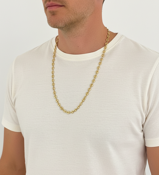 Collar de oro amarillo de 18kt de cadena de calabrote o grano de café. La cadena mide 60,5cm de largo y tiene un grosor de 6,5mm. Cadenas calabrote baratas