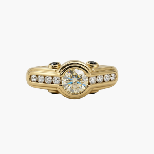 Comprar anillo realizado en oro amarillo de 18kt con brillante central de 0,50ct y carril de 4 diamantes en los brazos.Joyas de segunda mano. Joyas con diamantes. Joyería Ian'Or.