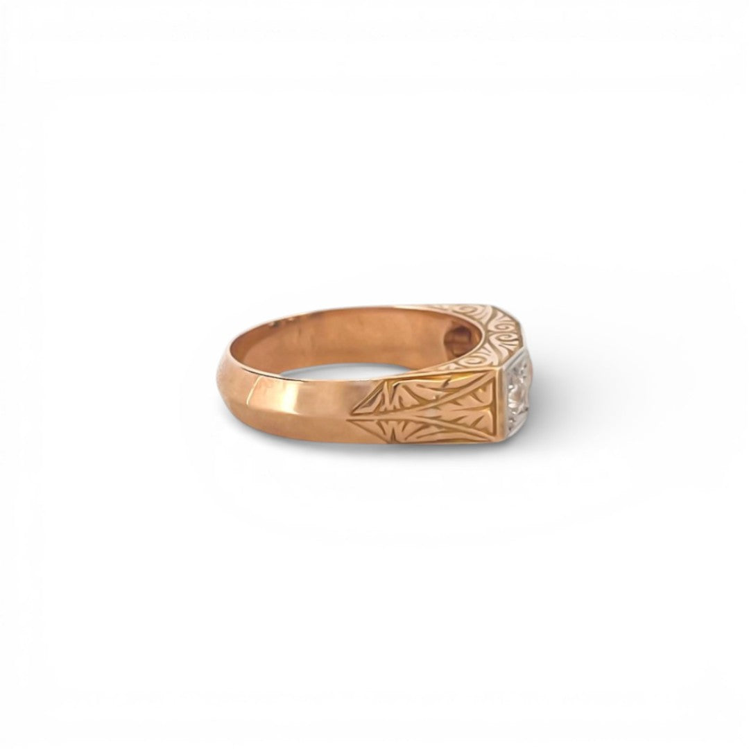 Comprar anillo sortija sello tipo tresillo en oro amarillo de 18k y vistas de platino con tres diamantes de talla antigua montados en linea.