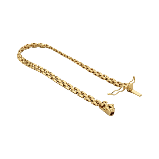Comprar pulsera oro amarillo de 18kt con cadena eslabones tipo pantera de 19 cm de largo con cierre de cajón y doble brazo de seguridad. Pulseras de oro 18kt al mejor precio en Barcelona.