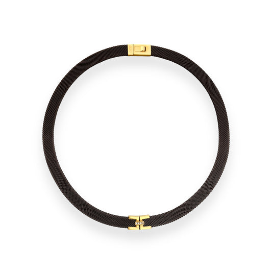 Gargantilla de acero inoxidable revestido negro a la milanesa acompañada de detalles de oro amarillo de 18kt y brillantes. Joyería compro oro, venta de joyas de segunda mano y nuevas, Ian'or donde comprar y vender joyas al mejor precio en Barcelona