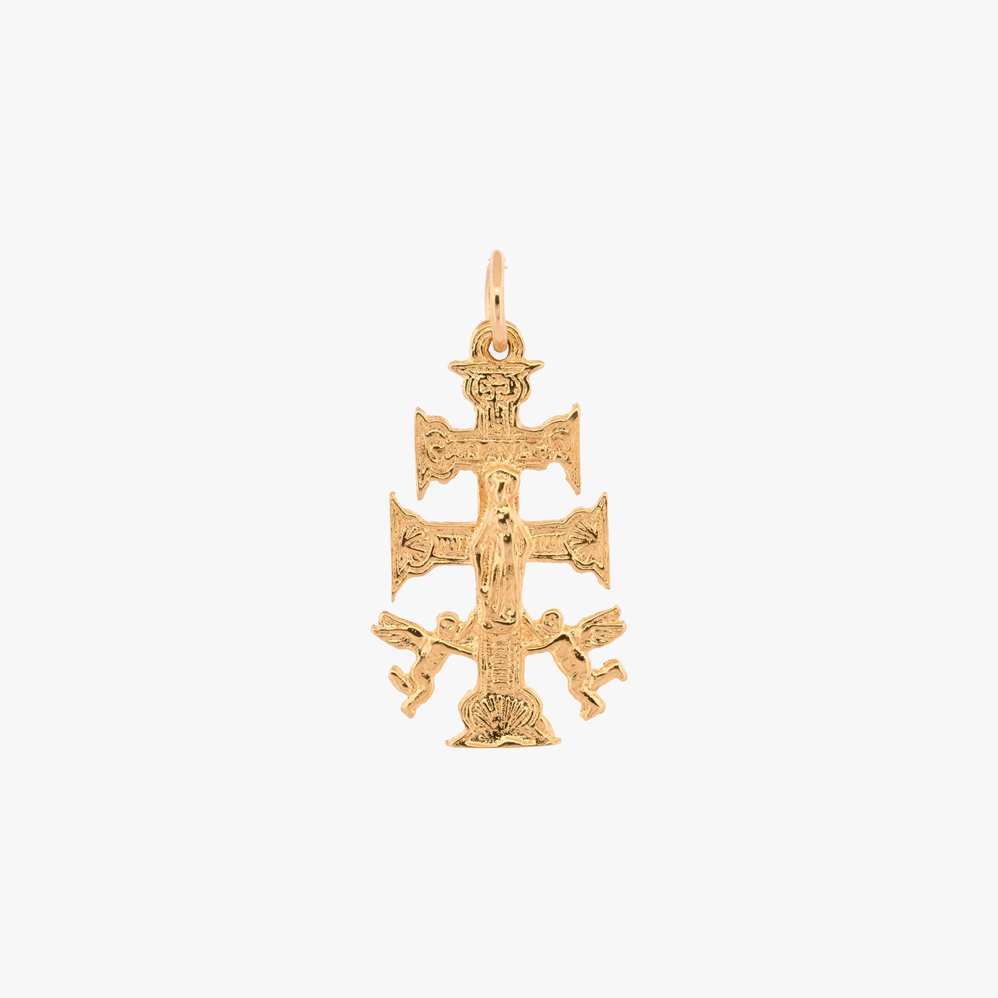 Comprar colgante oro amarillo 18K Cruz de Caravaca, Cristo y ángeles. Joya protectora y tradicional que aporta simbolismo y distinción. Envío gratuito
