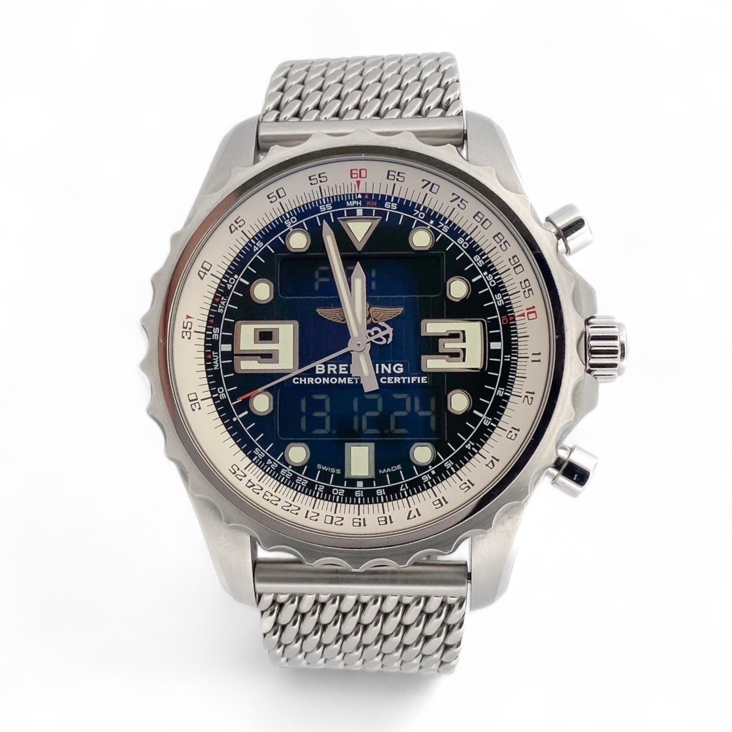 Reloj de la Firma Breitling modelo Chronospace Mariner con esfera azul. Está en perfecto estado y viene con su caja y documentación original. Relojes breitling de alta gama al mejor precio, venta de relojes de lujo de segunda mano con garantía de 2 años